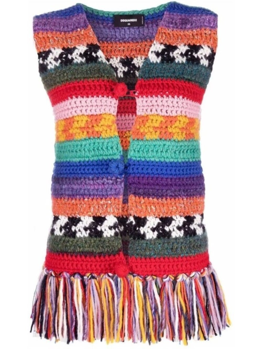 DSquared2 rainbow striped boho fringe crochet vest XS hippie wool alpaca blend